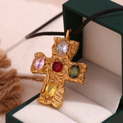 Colorful Zircon Cross Pendant Necklace for Women Rope Chain Gold Plated Jewelry Stainless Steel Necklace
