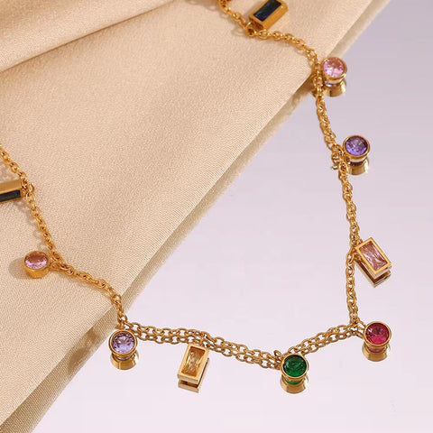 Colorful Jewelry Gift for Women Zircon Choker Necklace Gold Plated Necklace 316L Stainless Steel Jewelry