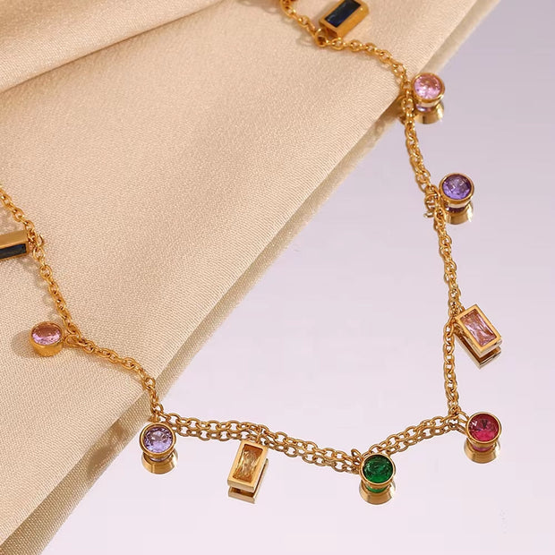 Colorful Jewelry Gift for Women Zircon Choker Necklace Gold Plated Necklace 316L Stainless Steel Jewelry