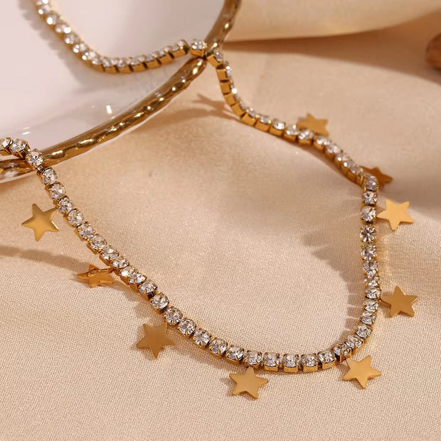 Shining Zircon Tennis Chain Necklace Gold Plated Star Charm Necklace Stainless Steel Jewelry