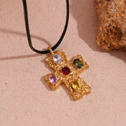 Colorful Zircon Cross Pendant Necklace for Women Rope Chain Gold Plated Jewelry Stainless Steel Necklace