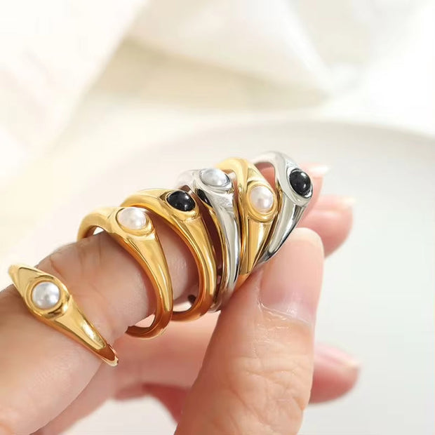 Designer Fashion Ring Black and White Glass Ball Stainless Steel Gold Plated Ring