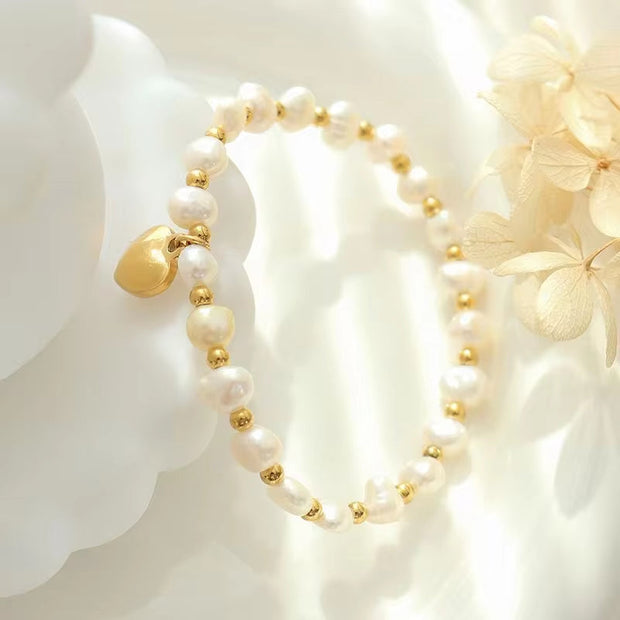 Fashion Design Heart Pendant Irregular Freshwater Pearl Beaded Charm Bead Bracelet Ladies