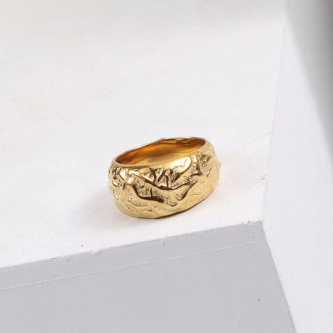 FANJIN Jewelry Wholesale 18K Gold Plated Band Meteor Crater Chunky Stainless Steel Rings for Women Statement Rings