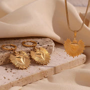 Sunburst Heart Jewelry Gold Plated Pendant Necklace Stainless Steel Jewelry Set Tarnish Free Jewelry