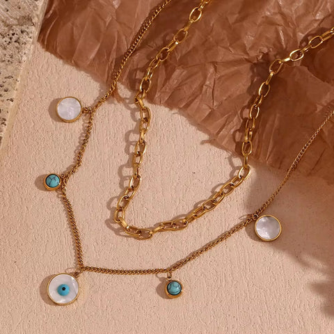 Turquoise Evil Eye Charm Necklace Double Layer Chain Necklace Gold Plated Stainless Steel Jewelry