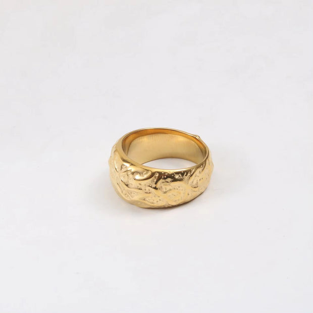FANJIN Jewelry Wholesale 18K Gold Plated Band Meteor Crater Chunky Stainless Steel Rings for Women Statement Rings