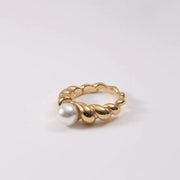 Waterproof Statement 18K Gold Plated Big Fresh Water Pearl Twisted Ring Chunky Twist Rope Chain Stainless Steel Ring