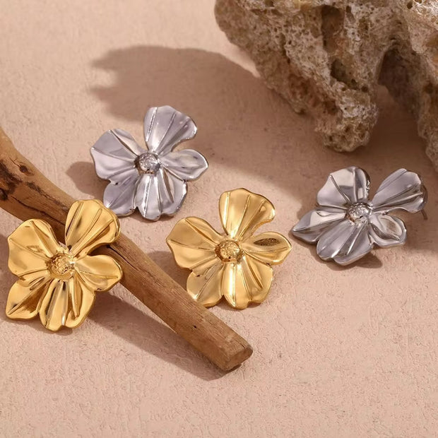 2024 New Arrivals Engraved Flower Earrings Gold Plated Gift for Girls Stainless Steel Stud Earrings