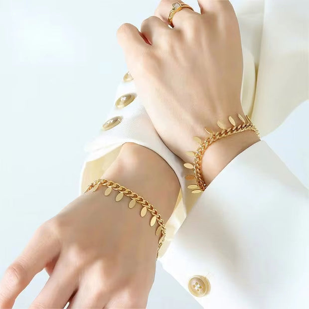 Wholesale 18K Gold Plated Cuban Chain Custom Shaped Leaf Charms Stainless Steel Bracelet for Women Armband