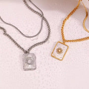 Double Layer Herringbone Necklace Engraved Sun Shell Necklace Waterproof Gold Plated Pendant Necklace