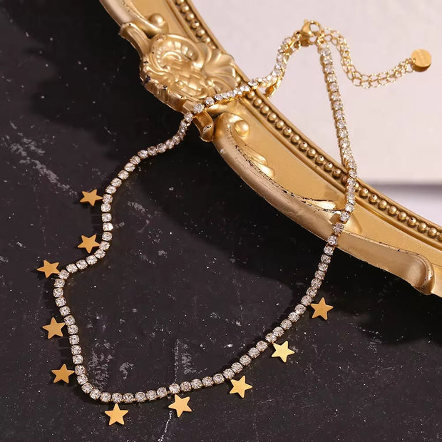 Shining Zircon Tennis Chain Necklace Gold Plated Star Charm Necklace Stainless Steel Jewelry
