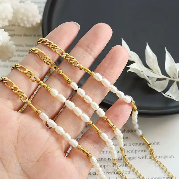 Stainless Steel Beaded Elegant Splicing 18K Gold Plated Pearl Figaro Chain Bracelet