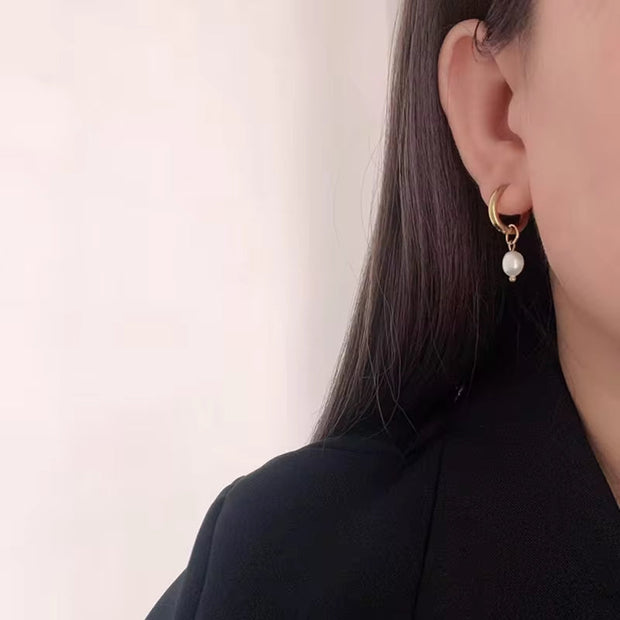 Classic 18K Gold Plated Natural Pearl Drop Earrings Waterproof Stainless Steel Pearl Huggie Earrings