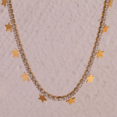 Shining Zircon Tennis Chain Necklace Gold Plated Star Charm Necklace Stainless Steel Jewelry