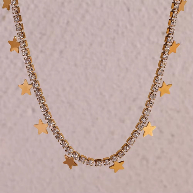 Shining Zircon Tennis Chain Necklace Gold Plated Star Charm Necklace Stainless Steel Jewelry