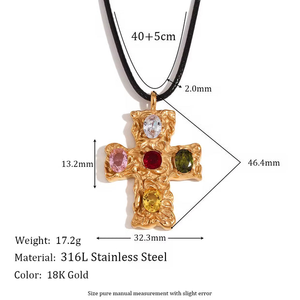 Colorful Zircon Cross Pendant Necklace for Women Rope Chain Gold Plated Jewelry Stainless Steel Necklace