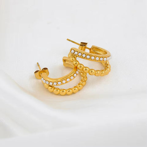 Classic Imitation Pearl Stainless Steel C-Shaped Earrings Chic Fashion PVD 18K Gold Plated Hoop Earrings Women'S Gift