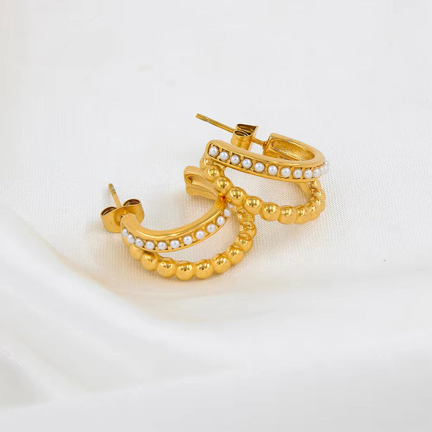 Classic Imitation Pearl Stainless Steel C-Shaped Earrings Chic Fashion PVD 18K Gold Plated Hoop Earrings Women'S Gift