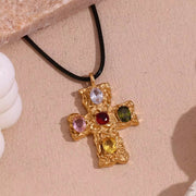 Colorful Zircon Cross Pendant Necklace for Women Rope Chain Gold Plated Jewelry Stainless Steel Necklace