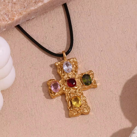 Colorful Zircon Cross Pendant Necklace for Women Rope Chain Gold Plated Jewelry Stainless Steel Necklace