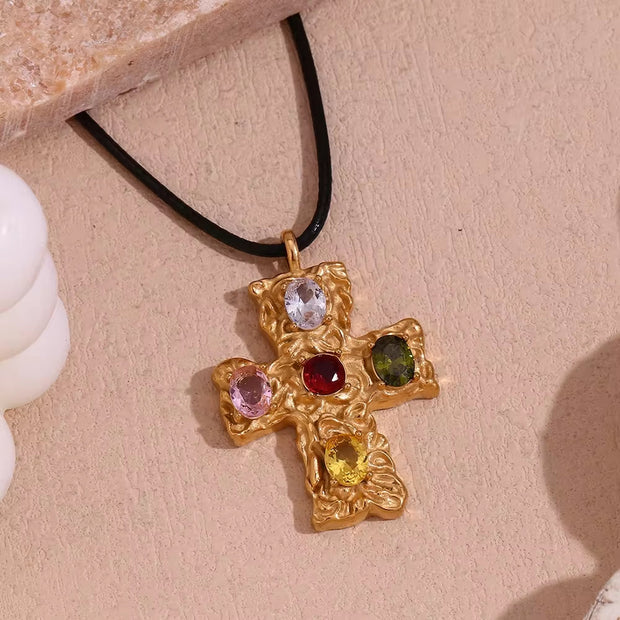 Colorful Zircon Cross Pendant Necklace for Women Rope Chain Gold Plated Jewelry Stainless Steel Necklace
