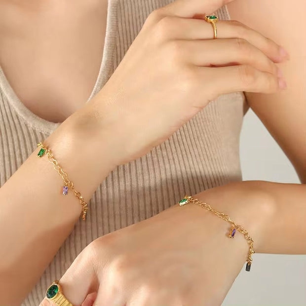 Fashion Gold Plating Titanium Steel Link Chain Zircon Stainless Steel CZ Square Bracelet for Ladies