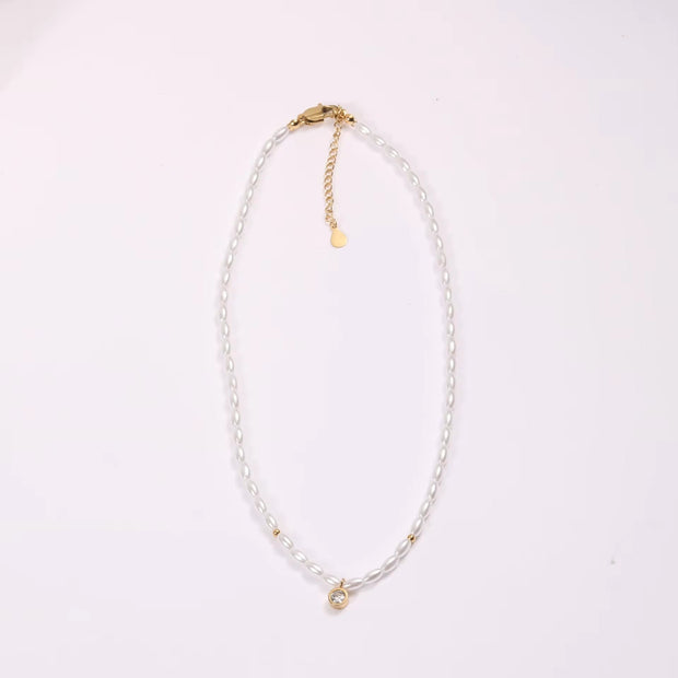 Waterproof Stainless Steel Seed Bead Choker Necklace Fashion Baroque Freshwater Pearl round Zircon Pendant Necklaces