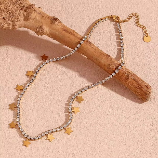 Shining Zircon Tennis Chain Necklace Gold Plated Star Charm Necklace Stainless Steel Jewelry