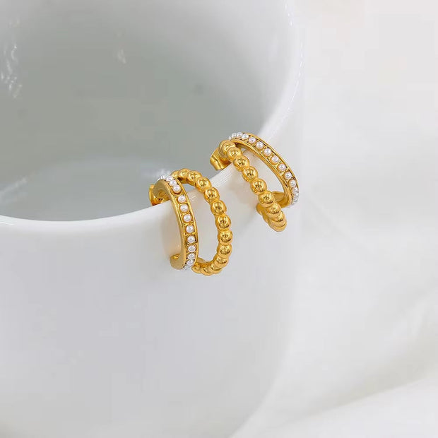 Classic Imitation Pearl Stainless Steel C-Shaped Earrings Chic Fashion PVD 18K Gold Plated Hoop Earrings Women'S Gift