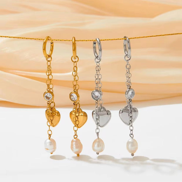 18K Gold 316 Stainless Steel Chain Link Natural Pearl Heart Long Drop Dangle Earrings for Women Waterproof Jewelry