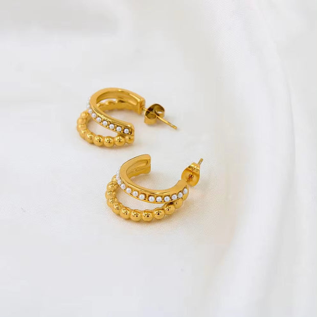 Classic Imitation Pearl Stainless Steel C-Shaped Earrings Chic Fashion PVD 18K Gold Plated Hoop Earrings Women'S Gift