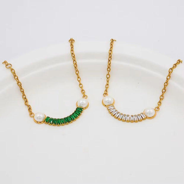Stainless Steel Pearl Zircon Pendant Necklace for Women Jewelry Fashion Luxury Statement Necklace