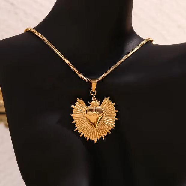 Sunburst Heart Jewelry Gold Plated Pendant Necklace Stainless Steel Jewelry Set Tarnish Free Jewelry
