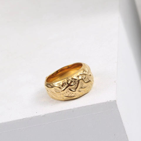 FANJIN Jewelry Wholesale 18K Gold Plated Band Meteor Crater Chunky Stainless Steel Rings for Women Statement Rings