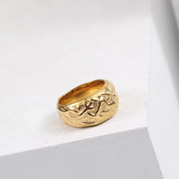 FANJIN Jewelry Wholesale 18K Gold Plated Band Meteor Crater Chunky Stainless Steel Rings for Women Statement Rings