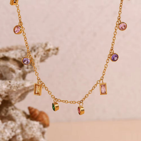 Colorful Jewelry Gift for Women Zircon Choker Necklace Gold Plated Necklace 316L Stainless Steel Jewelry