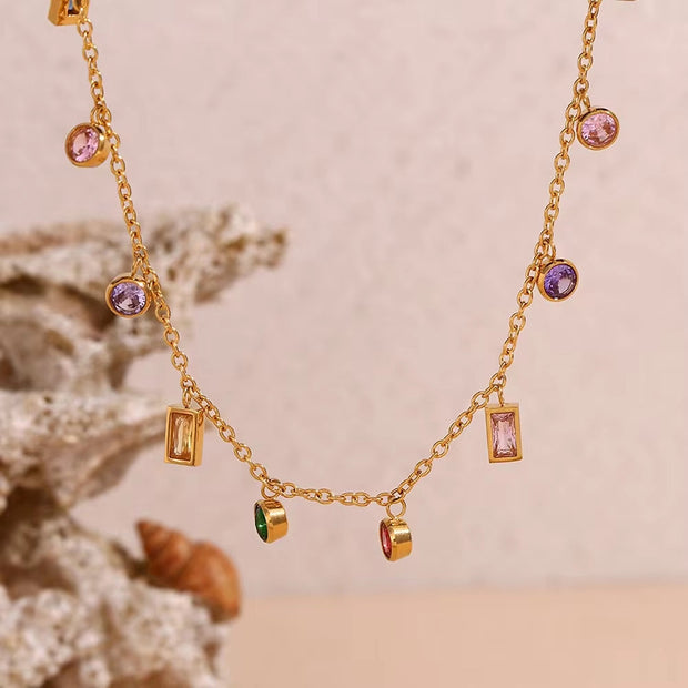 Colorful Jewelry Gift for Women Zircon Choker Necklace Gold Plated Necklace 316L Stainless Steel Jewelry