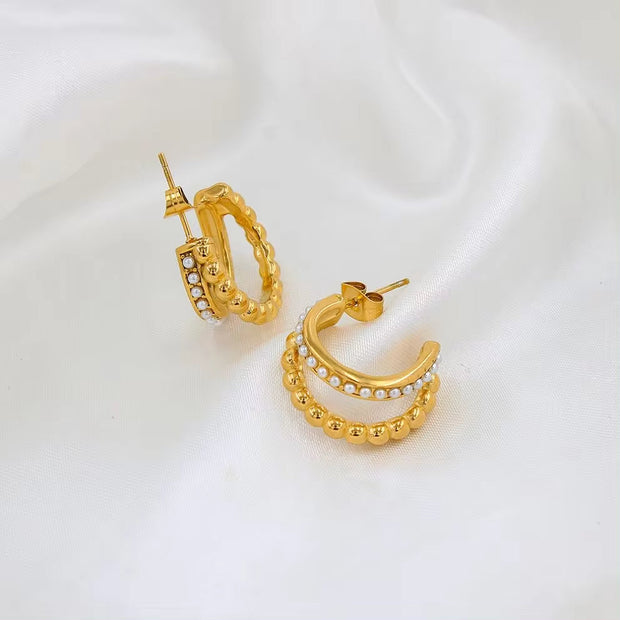 Classic Imitation Pearl Stainless Steel C-Shaped Earrings Chic Fashion PVD 18K Gold Plated Hoop Earrings Women'S Gift