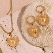 Sunburst Heart Jewelry Gold Plated Pendant Necklace Stainless Steel Jewelry Set Tarnish Free Jewelry