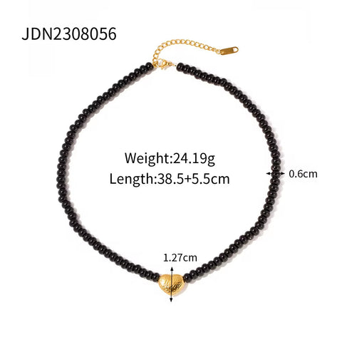 18K Gold Plated Stainless Steel Gift Black Obsidian Beads 3D Dimensional Heart Pendant Choker Necklace Women
