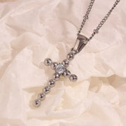 Dainty Zircon Cross Necklace Beaded Pendant Necklace Gold Plated Stainless Steel Christmas Gift for Women