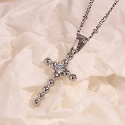 Dainty Zircon Cross Necklace Beaded Pendant Necklace Gold Plated Stainless Steel Christmas Gift for Women