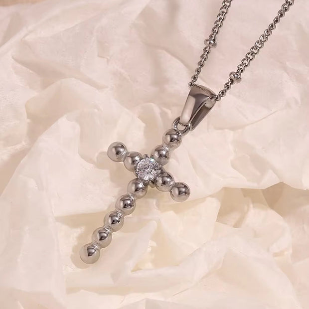 Dainty Zircon Cross Necklace Beaded Pendant Necklace Gold Plated Stainless Steel Christmas Gift for Women