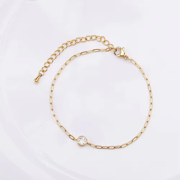 18K PVD Gold Plated Waterproof Stainless Steel Paper Clip Chain round Zirconia Bracelet for Women Wholesale Jewelry