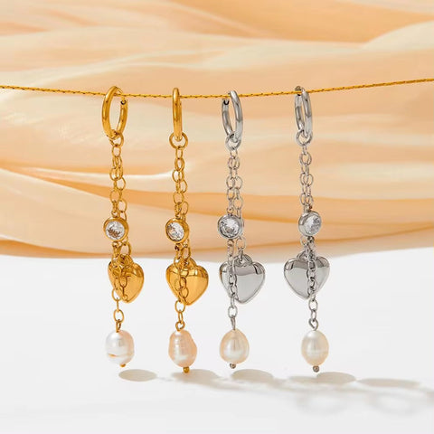 18K Gold Plated Stainless Steel Jewelry Tassel Heart Fresh Water Pearl Cubic Zirconia Drop Earrings for Womens