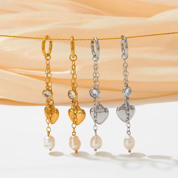 18K Gold Plated Stainless Steel Jewelry Tassel Heart Fresh Water Pearl Cubic Zirconia Drop Earrings for Womens
