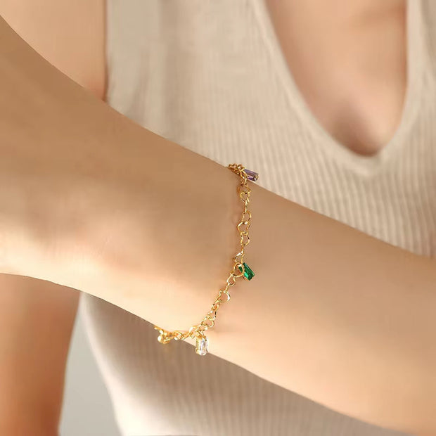 Fashion Gold Plating Titanium Steel Link Chain Zircon Stainless Steel CZ Square Bracelet for Ladies