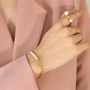Stainless Steel Beaded Elegant Splicing 18K Gold Plated Pearl Figaro Chain Bracelet