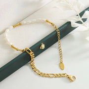 Stainless Steel Beaded Elegant Splicing 18K Gold Plated Pearl Figaro Chain Bracelet
